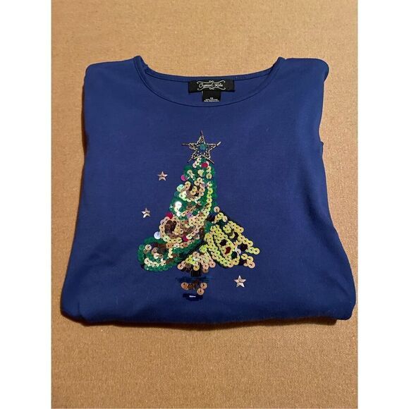 Crystal Kobe Women's Medium Blue Long Sleeve Shirt Christmas Tree - Picture 4 of 6